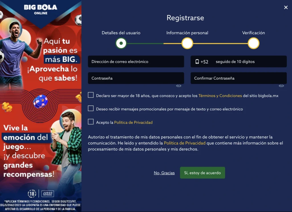 Registro en el casino Big Bola